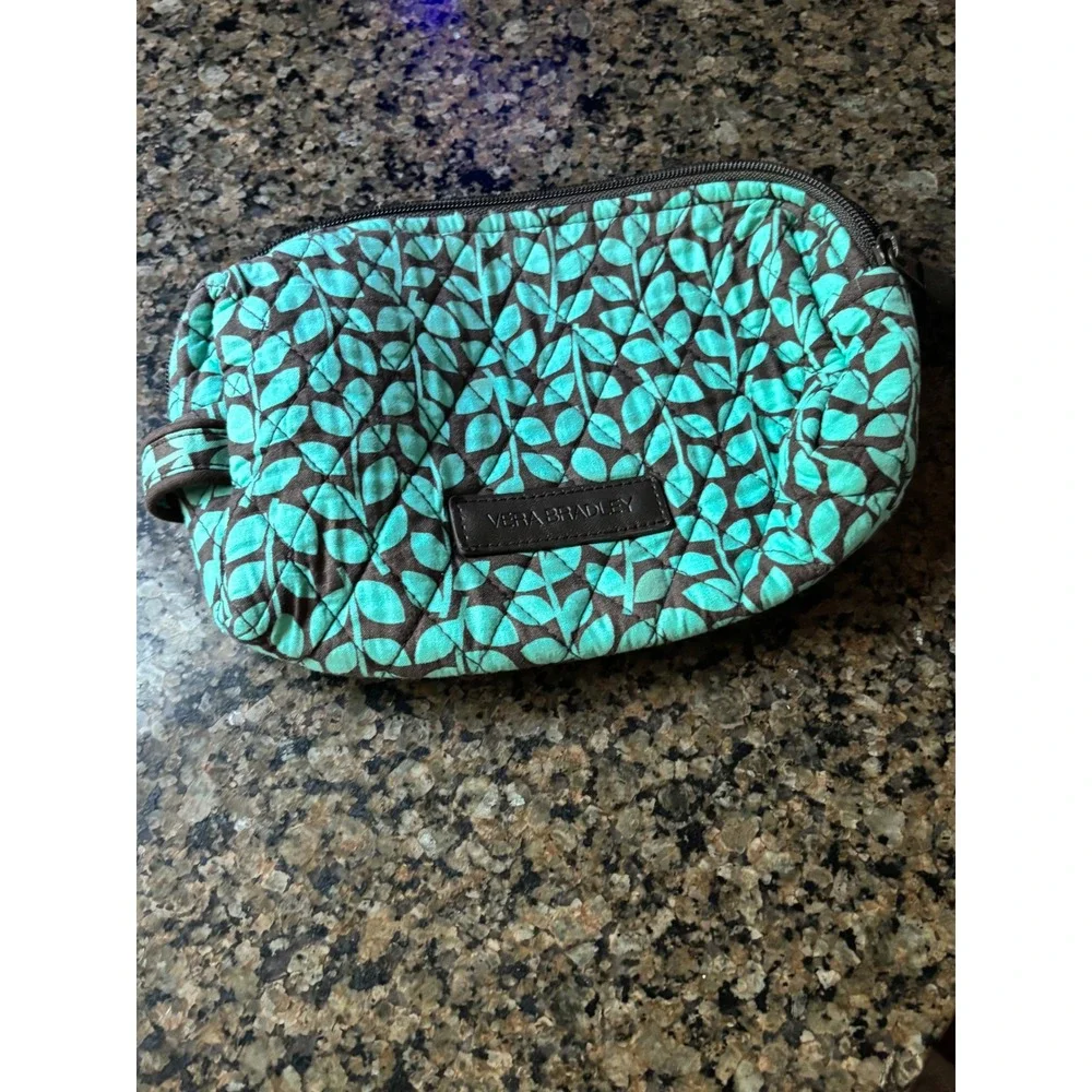 Vera Bradley Quilted Cotton Makeup Bag Turquoise Brown Leaf Print Cosmetic Pouch